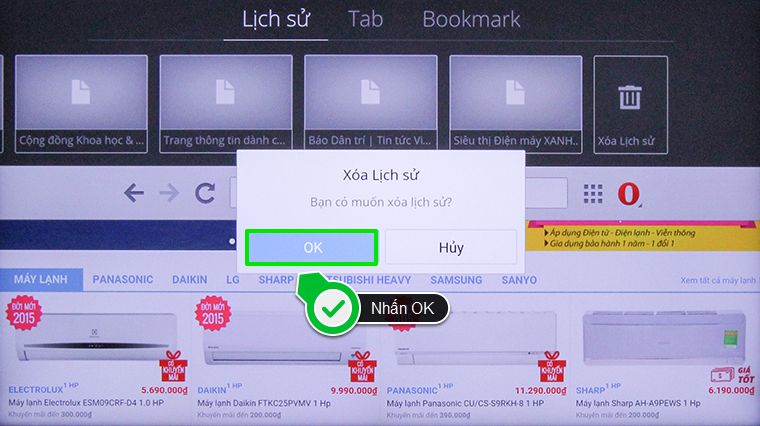 Cách xóa lịch sử duyệt web trên Android tivi Sony 2015 > Nhấn OK để xác nhận