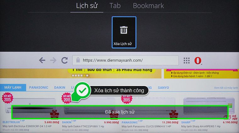 Cách xóa lịch sử duyệt web trên Android tivi Sony 2015 > Đã xóa lịch sử duyệt web thành công