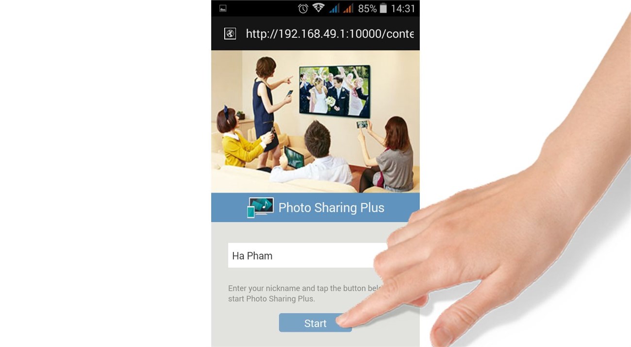 Cách sử dụng tính năng Photo Share trên Android Tivi Sony 2015 > Nhập tên hiển thị sau đó chọn Start