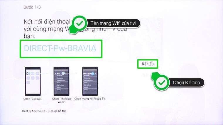 Cách sử dụng tính năng Photo Share trên Android Tivi Sony 2015 > Tên của wifi phát từ tivi, chọn Kế tiếp để tivi hiển thị mật khẩu