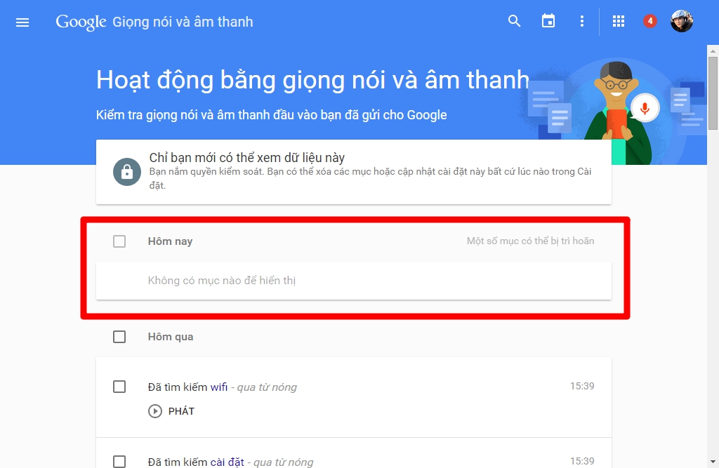 Các bản ghi giọng nói ở mục Hôm nay đã được xóa tất cả