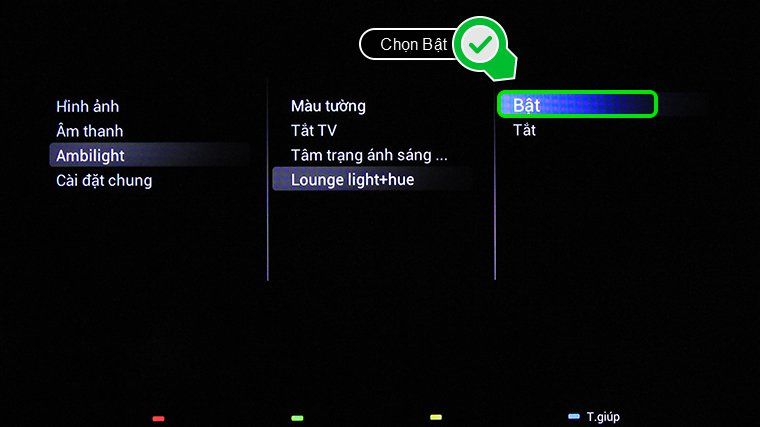 Chọn Bật để tivi cho ánh sáng nền rộng khắp phòng
