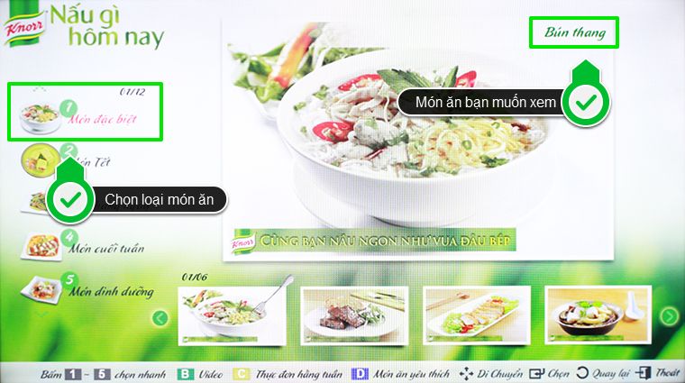 Chọn món ăn bạn muốn xem hướng dẫn Cách học nấu ăn trên Smart tivi Samsung 2015 > Chọn món ăn bạn muốn xem hướng dẫn