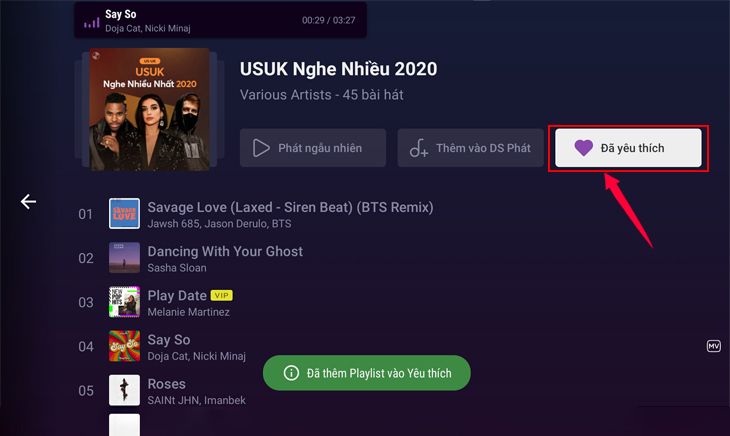 Thêm danh sách vào danh sách nhạc yêu thích