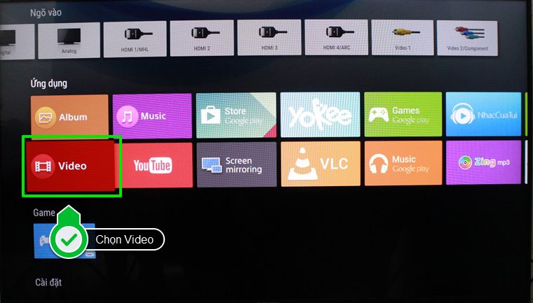 Cách kết nối HUB USB với Android tivi Sony 2015 > Chọn mục Video