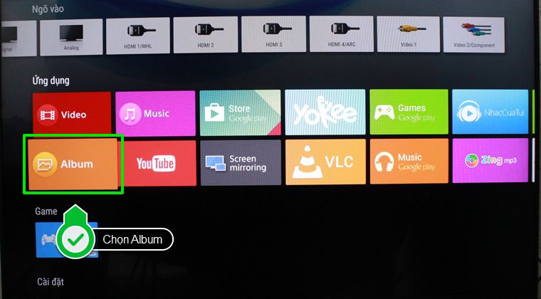 Cách kết nối HUB USB với Android tivi Sony 2015 > Chọn mục Album