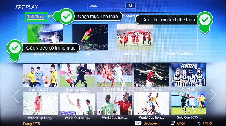 Cách sử dụng ứng dụng FPT Play trên Smart tivi Samsung 2015 > Giao diện mục Thể thao trên FPTPlay