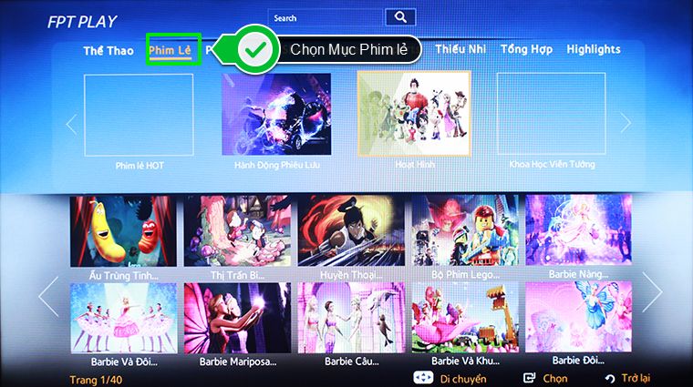 Cách sử dụng ứng dụng FPT Play trên Smart tivi Samsung 2015 > Chọn mục phim lẻ, thể loại phim hoạt hình
