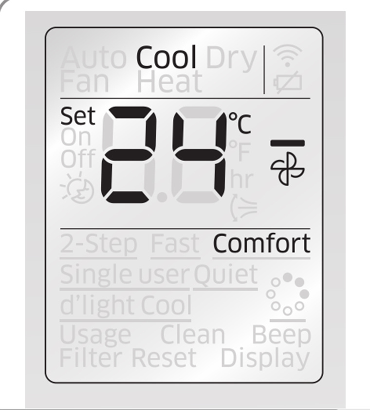 Cách sử dụng remote máy lạnh Samsung > Màn hình hiển thị chữ Comfort