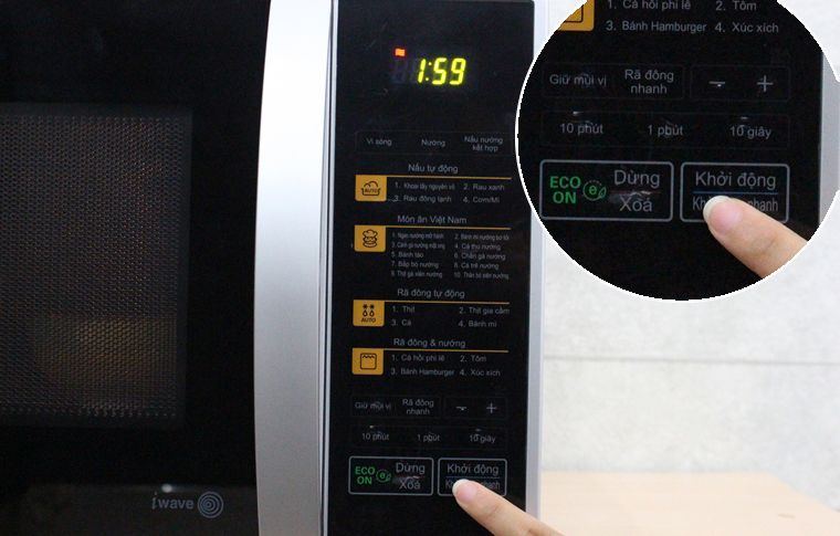 Nhấn “KHỞI ĐỘNG” 4 lần để lựa chọn thời gian 2 phút. Cách cài đặt chế độ khởi động nhanh cho lò vi sóng LG MH6342B > Nhấn “KHỞI ĐỘNG” 4 lần để lựa chọn thời gian 2 phút.
