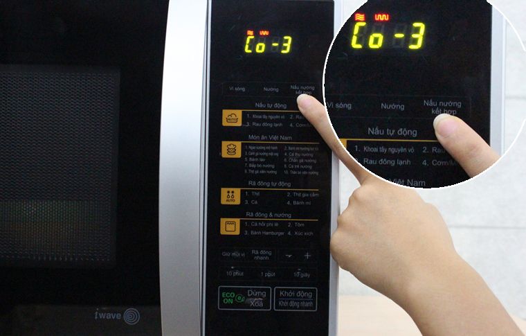 Nhấn “NẤU KẾT HỢP” 3 lần – “Co – 3” sẽ hiển thị trên màn hình Cách sử dụng chế độ nấu kết hợp cho lò vi sóng LG MH6342B > Nhấn “NẤU KẾT HỢP” 3 lần – “Co – 3” sẽ hiển thị trên màn hình