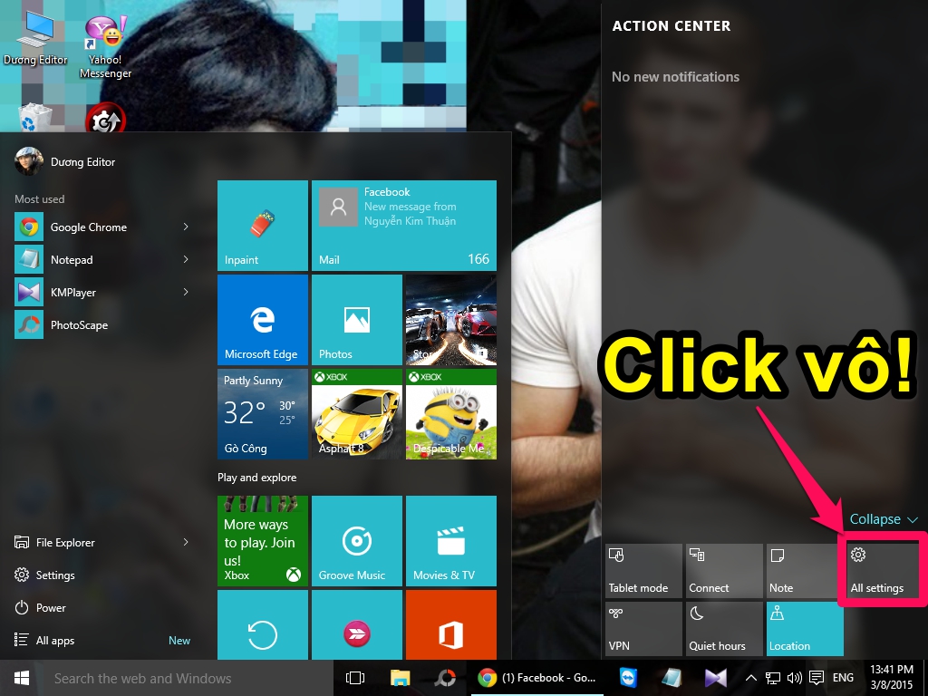 Truy cập vào mục cài đặt (Settings) trên Windows 10