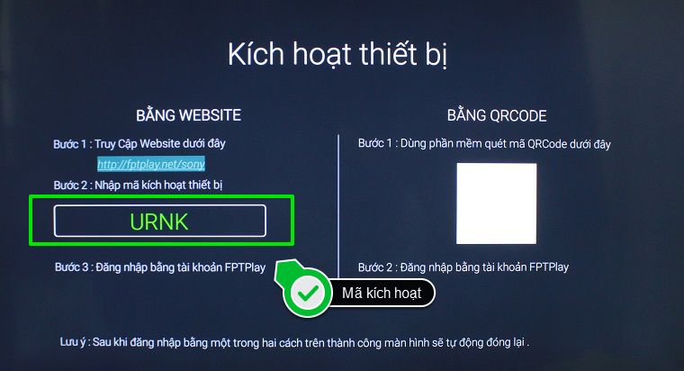 Tivi hiển thị hướng dẫn cùng mã kích hoạt