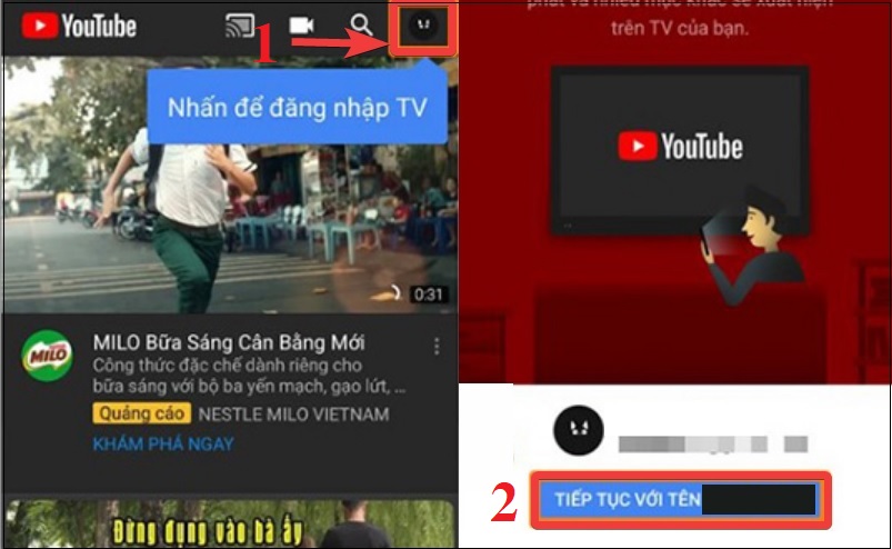 Chọn Nhấn để đăng nhập TV và chọn Tiếp tục với tên tài khoản