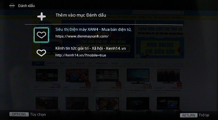 Tivi hiển thị các trang web đã được đánh dấu
