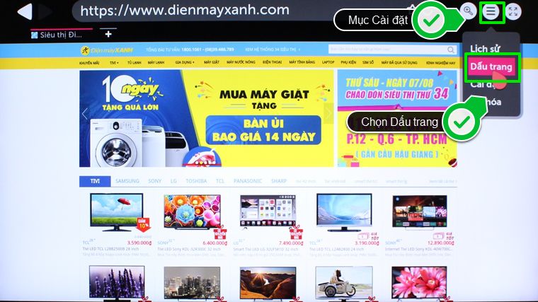 Chọn Dấu trang trong mục cài đặt