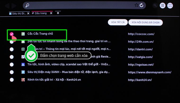 Chọn dấu trang cần xóa