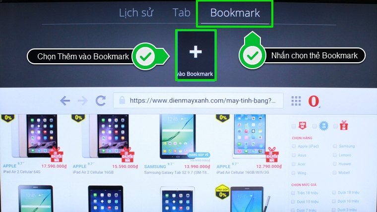 Cách đánh dấu trang web yêu thích trên Android tivi Sony 2015 > Nhấn chọn thẻ Bookmark, sau đó chọn Thêm vào Bookmark