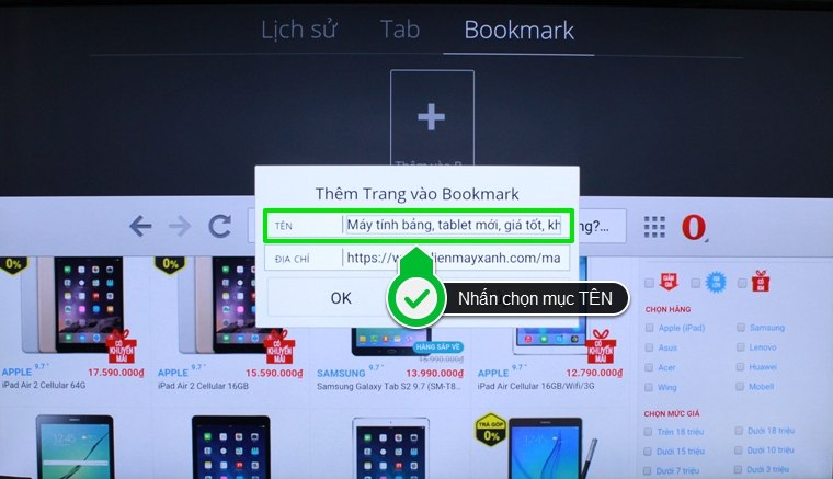 Cách đánh dấu trang web yêu thích trên Android tivi Sony 2015 > Nhấn chọn mục TÊN trên bảng Thêm Trang vào Bookmark