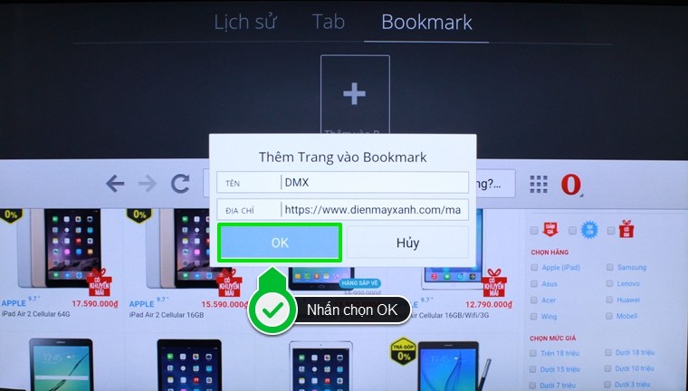 Cách đánh dấu trang web yêu thích trên Android tivi Sony 2015 > Nhấn chọn OK để xác nhận