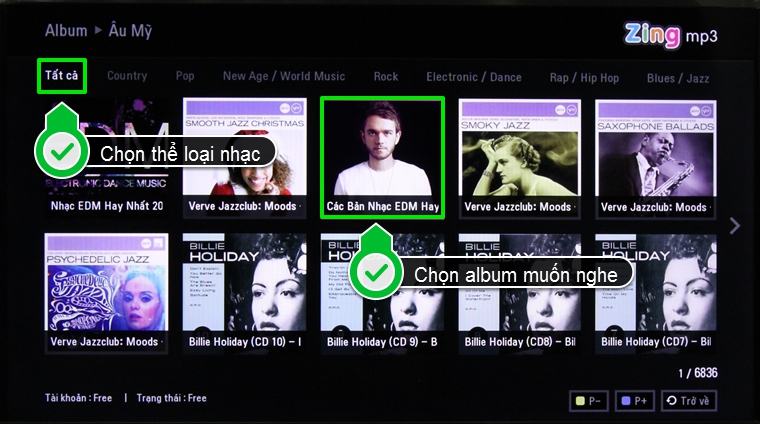 Sau khi chọn thể loại nhạc, thì hãy nhấn chọn album mà bạn muốn nghe