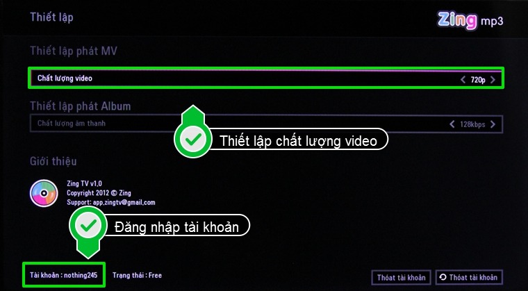 Sau khi đã đăng nhập tài khoản trên tivi, bạn có thể thiết lập chất lượng video và âm thanh
