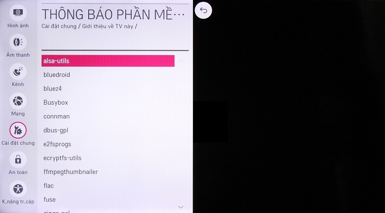 Cách kiểm tra thông tin tivi trên Smart tivi LG hệ điều hành WebOS > Thông báo phần mềm nguồn mở của tivi