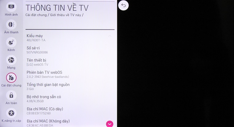 Cách kiểm tra thông tin tivi trên Smart tivi LG hệ điều hành WebOS > Thông tin của tivi
