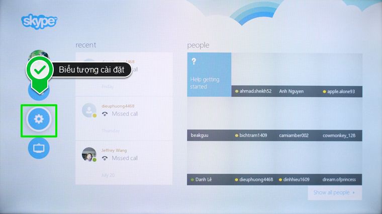 Cách sử dụng ứng dụng Skype trên Smart tivi Samsung 2015 > Chọn Cài đặt