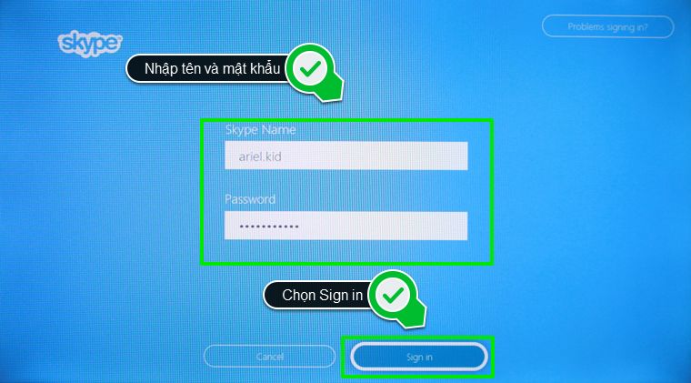 Cách sử dụng ứng dụng Skype trên Smart tivi Samsung 2015 > Nhập thông tin tài khoản và chọn Sign in