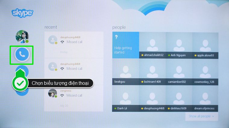 Cách sử dụng ứng dụng Skype trên Smart tivi Samsung 2015 > Chọn biểu tượng điện thoại