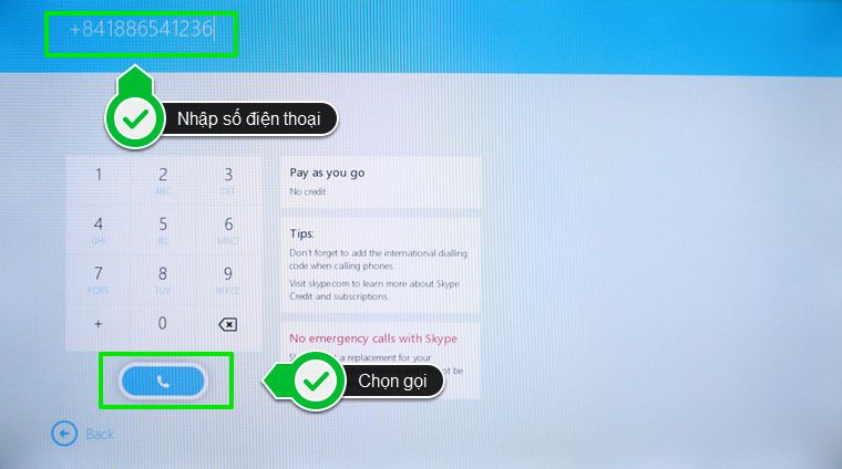 Cách sử dụng ứng dụng Skype trên Smart tivi Samsung 2015 > Nhập số điện thoại và chọn gọi