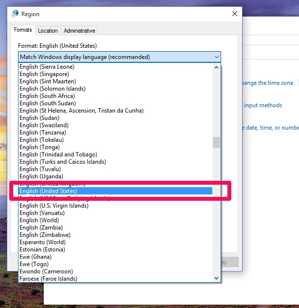 Chọn Clock, Language, and Region > Region” class=”lazy” src=”https://cdn.tgdd.vn/Files/2015/08/17/685995/cortanawindows103.jpg” title=”Chọn Clock, Language, and Region > Region”/></p>
<p>Trong tab <strong>Formats</strong>, bạn tìm và chọn <strong>English (United States)</strong>.</p>
<p><img alt=