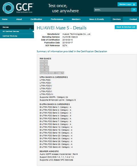 Huawei Mate S bị cơ quan GCF ghi nhận Huawei Mate S bị cơ quan GCF ghi nhận
