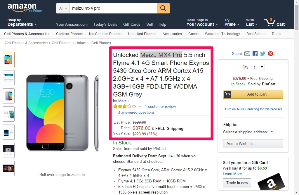 Meizu MX4 Pro được Amazon phân phối với giá 376 USD Meizu MX4 Pro được Amazon phân phối với giá 376 USD