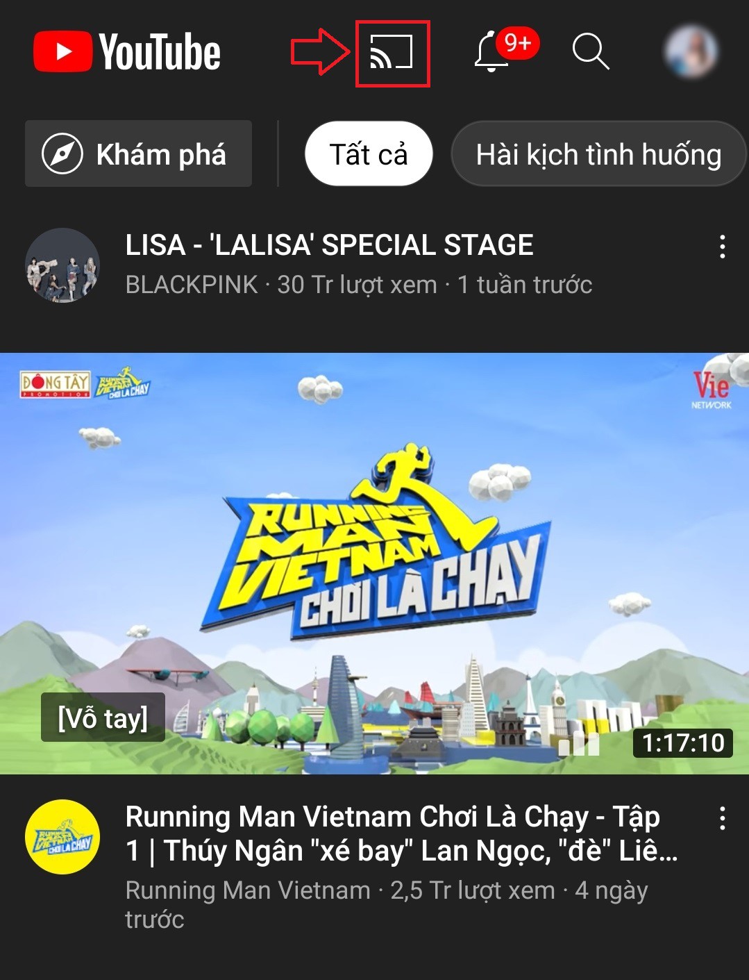 Mở ứng dụng YouTube > Nhấn vào biểu tượng Truyền phía trên góc phải ứng dụng.