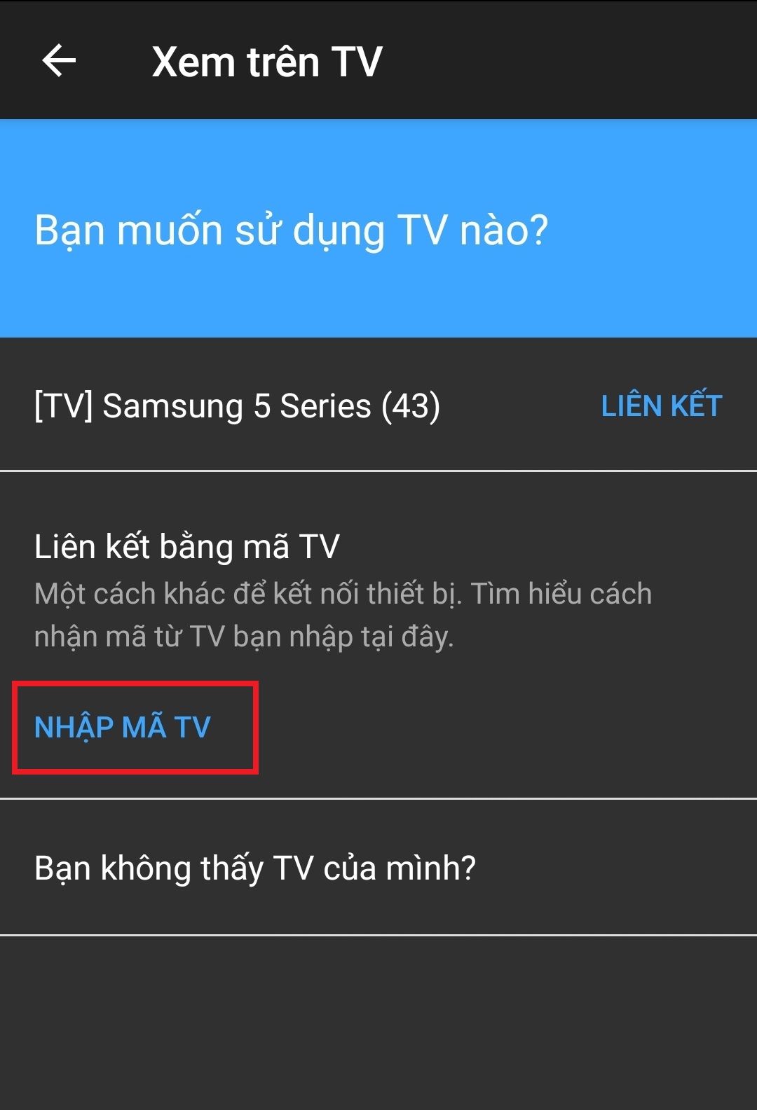 Chọn mục Cài đặt > Nhấn vào Xem trên TV.” class=”lazy” height=”650″ src=”https://cdn.tgdd.vn/Files/2015/08/19/686842/cach-chia-se-video-youtube-tu-dien-thoai-may-tinh–23.jpg” title=”Chọn mục Cài đặt > Nhấn vào Xem trên TV.” width=”730″/></p>
<p><strong>Bước 5: </strong>Giao diện sẽ hiển thị tên tivi nhà bạn. Để kết nối, bạn nhấn <strong>Nhập mã TV</strong>.</p>
<p><img alt=