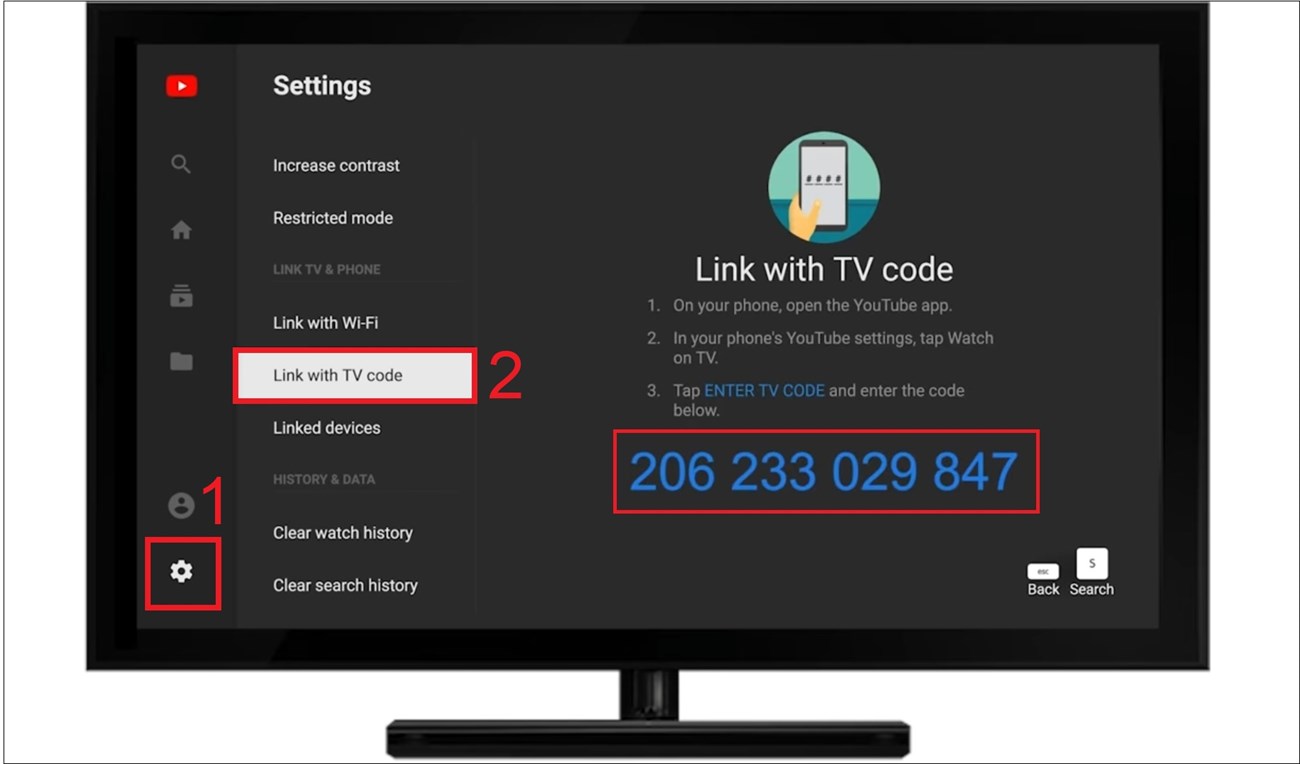 Cách chia sẻ video YouTube từ điện thoại, máy tính bảng, laptop lên Smart tivi Samsung, LG, Sony > Bạn di chuyển đến mục Cài đặt trên Youtube > Chọn Link with TV code (Liên kết bằng mã TV). Một mã tivii màu xanh dương sẽ xuất hiện trên TV.