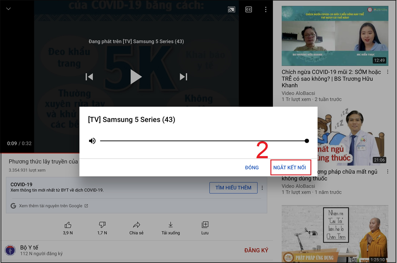Cách chia sẻ video YouTube từ điện thoại, máy tính bảng, laptop lên Smart tivi Samsung, LG, Sony > Nhấn vào NGẮT KẾT NỐI để hủy kết nối nhé!