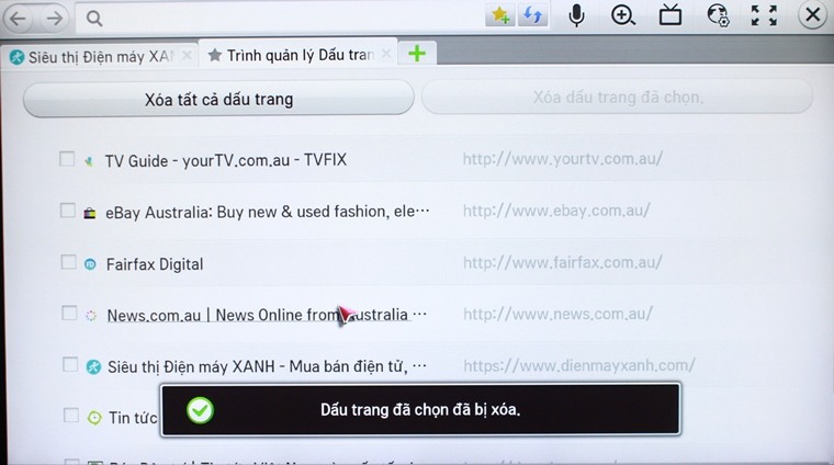 Cách đánh dấu trang web yêu thích trên Smart tivi LG hệ điều hành Netcast > Dấu trang đã bị xóa