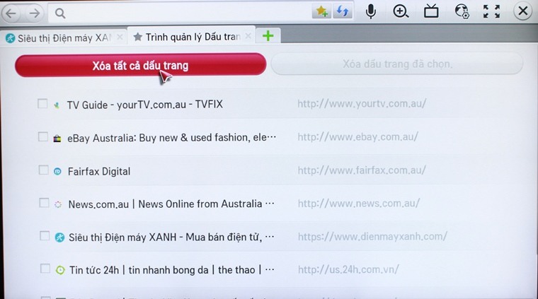 Cách đánh dấu trang web yêu thích trên Smart tivi LG hệ điều hành Netcast > Chọn Xóa tất cả dấu trang