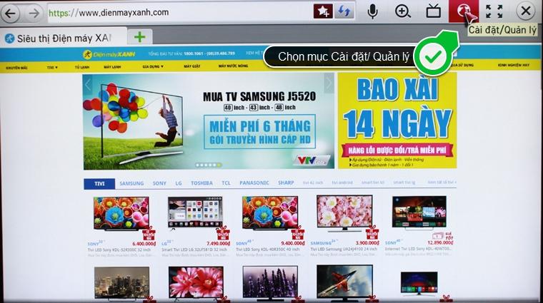 Cách đánh dấu trang web yêu thích trên Smart tivi LG hệ điều hành Netcast > Nhấn chọn mục Cài đặt/ Quản lý