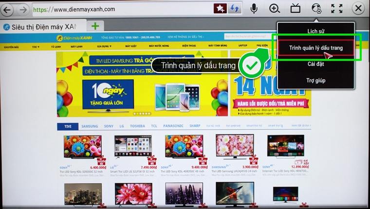 Cách đánh dấu trang web yêu thích trên Smart tivi LG hệ điều hành Netcast > Chọn Trình quản lý dấu trang 