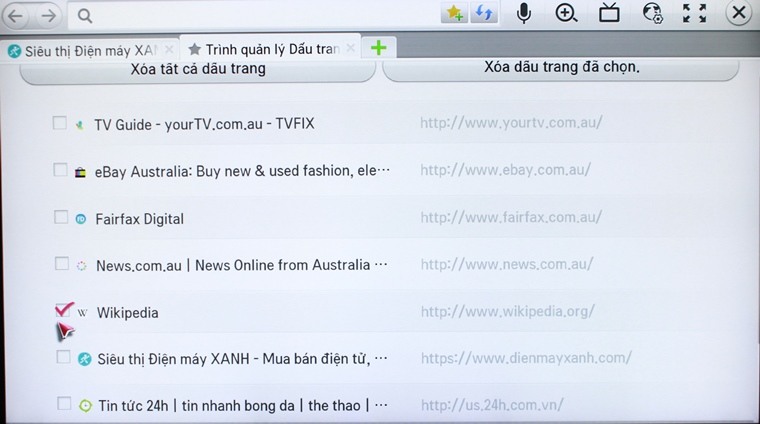 Cách đánh dấu trang web yêu thích trên Smart tivi LG hệ điều hành Netcast > Chọn dấu trang muốn xóa