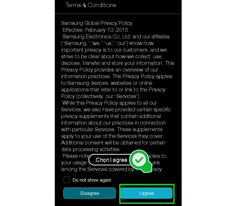 Cách kết nối điện thoại, máy tính bảng với loa không dây Samsung 360 bằng wifi > Chọn I gree với các chính sách, điều khoản của Samsung