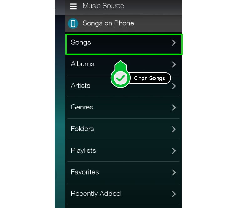 Cách kết nối điện thoại, máy tính bảng với loa không dây Samsung 360 bằng wifi > Chọn Songs để mở danh sách toàn bộ bài hát