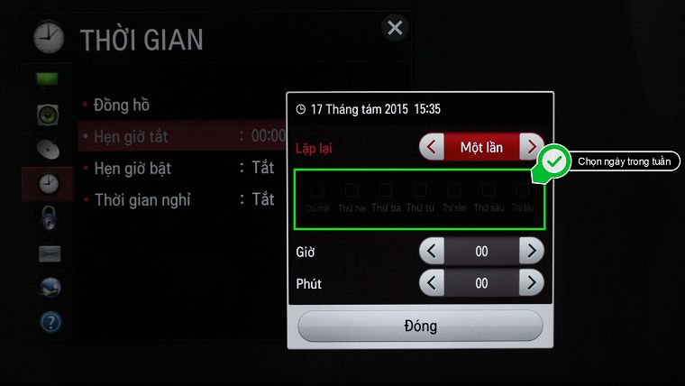 Cách cài đặt thời gian trên Smart TV LG hệ điều hành NetCast > Chọn ngày trong tuần tính năng này có hiệu lực