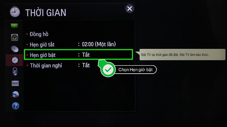 Cách cài đặt thời gian trên Smart TV LG hệ điều hành NetCast > Chọn Hẹn giờ bật