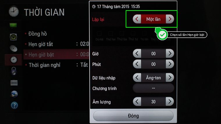 Cách cài đặt thời gian trên Smart TV LG hệ điều hành NetCast > Chọn số lần tính năng Hẹn giờ bật được Lặp lại