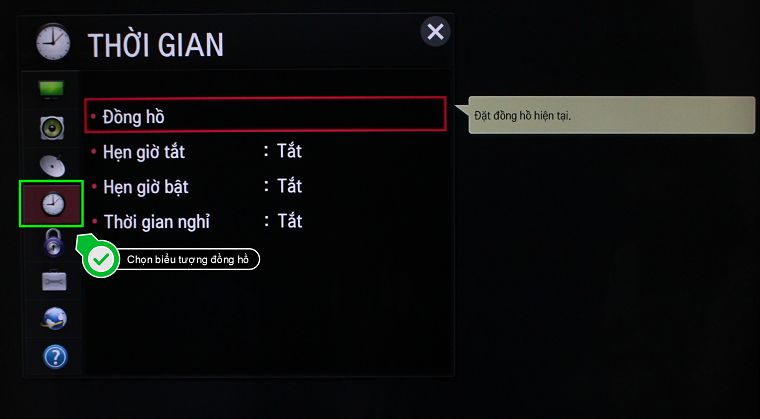 Cách cài đặt thời gian trên Smart TV LG hệ điều hành NetCast > Chọn biểu tượng đồng hồ